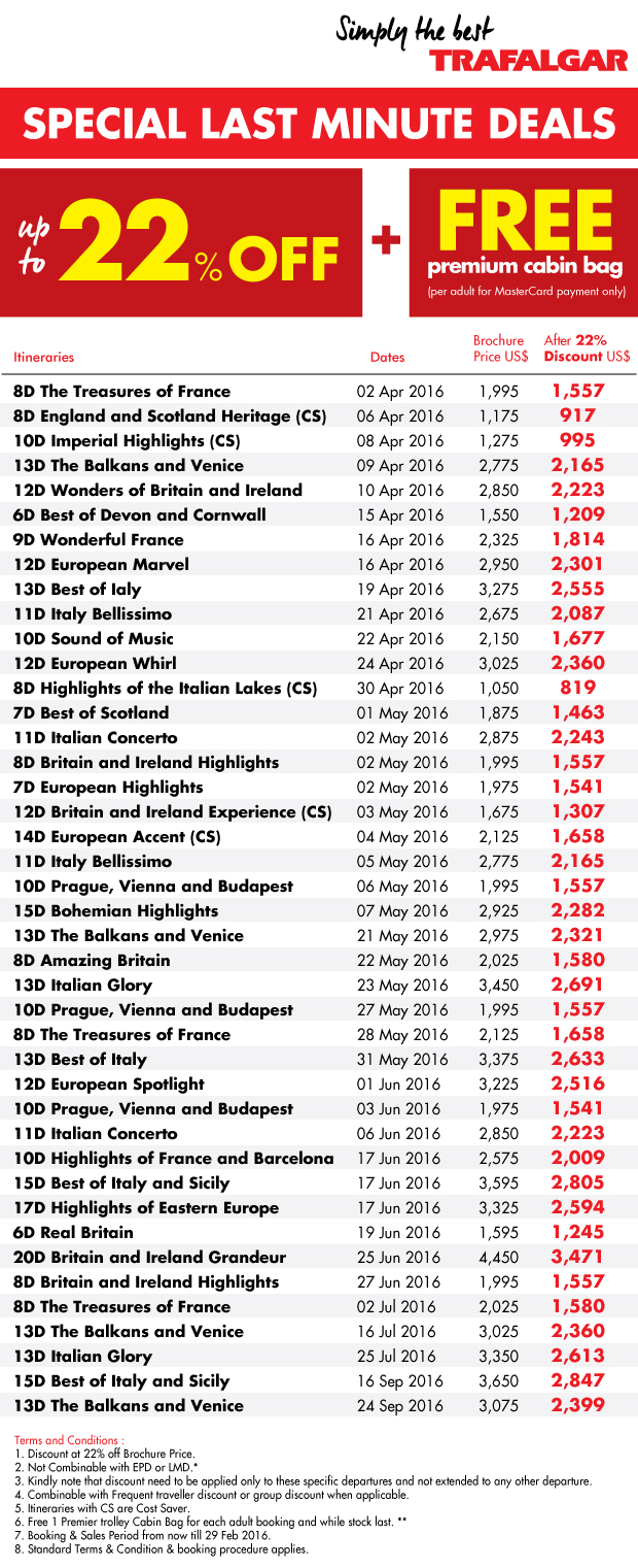 trafalgar tours last minute deals